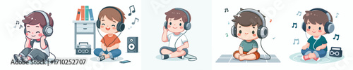 vector of a little boy sitting on the floor listening to music on headphones