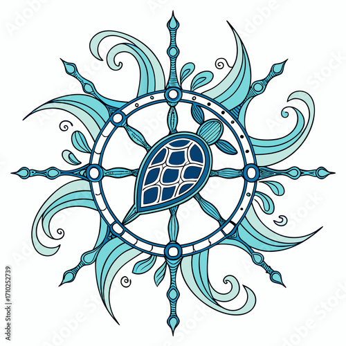 Stylized nautical compass rose design featuring a sea turtle at its center surrounded by ocean waves and swirling water elements