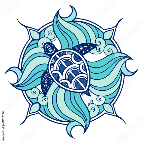 Stylized ornamental sea turtle swimming through swirling ocean waves in a circular mandala design with intricate patterns