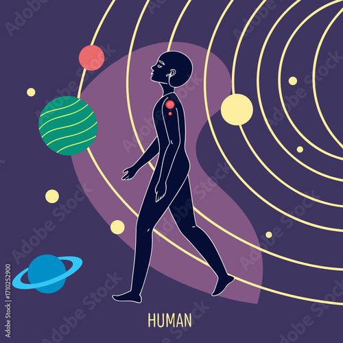 Stylized silhouette of a human figure walking through a cosmic landscape with planets and orbits