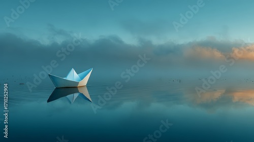 Serene origami boat floating on misty lake reflecting tranquil morning sky