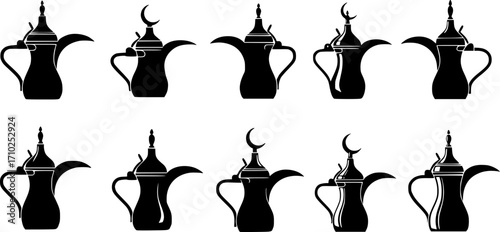 Old arabic teapot icons set. Black silhouettes of dallah coffee pots, showcasing arabian tradition and hospitality
