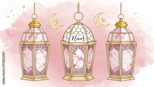 Nooor • Trio of Pink & Gold Ramadan Lanterns