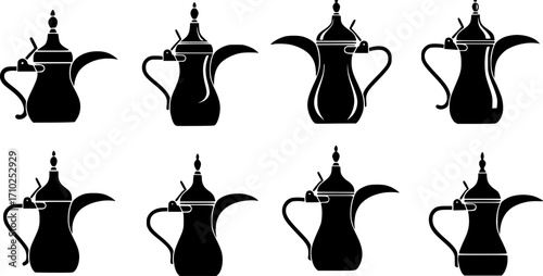 Old arabic teapot icons set. Black silhouettes of dallah coffee pots, showcasing arabian tradition and hospitality
