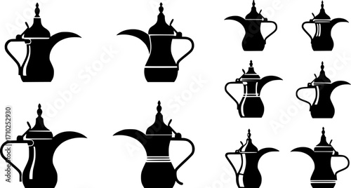 Old arabic teapot icons set. Black silhouettes of dallah coffee pots, showcasing arabian tradition and hospitality
