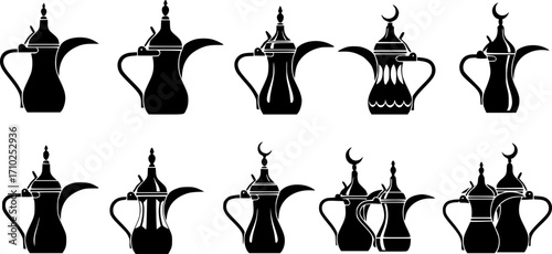 Old arabic teapot icons set. Black silhouettes of dallah coffee pots, showcasing arabian tradition and hospitality
