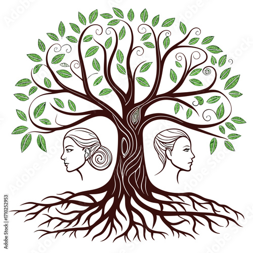 Stylized tree of life with intricate roots and branches adorned with green leaves and two profile faces emerging from the trunk