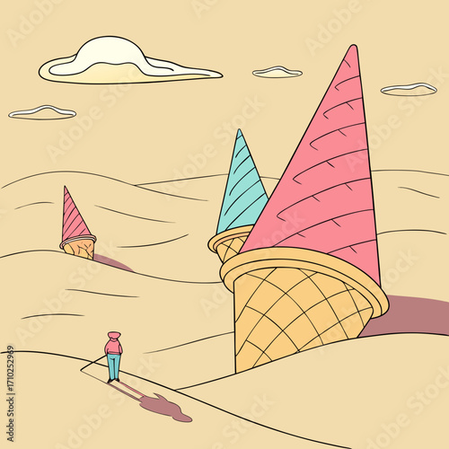 Surreal desert landscape with giant ice cream cones emerging from sand dunes and a lone person observing the scene