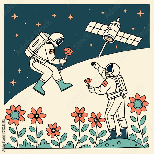 Two astronauts in space suits discover and exchange colorful flowers on a celestial body under a starry sky with a satellite