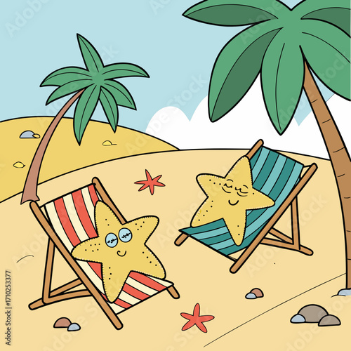 Two cute cartoon starfish relaxing on beach chairs under palm trees on a sunny day