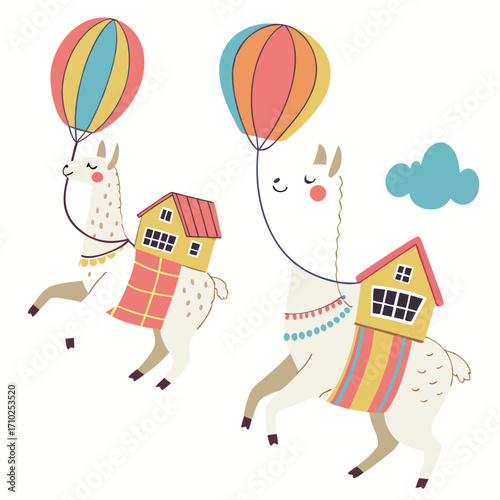 Two happy cartoon llamas with houses on their backs float through the sky holding colorful hot air balloons