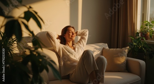 Serene woman relaxing on a sofa, basking in the warm morning sunlight at home. Peaceful moment of self-care: a young woman enjoying the golden hour in her living room.