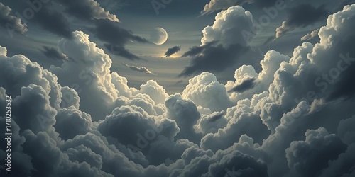 Vast, brooding, grey anime sky filled with fluffy, dark clouds,  dark,  sky