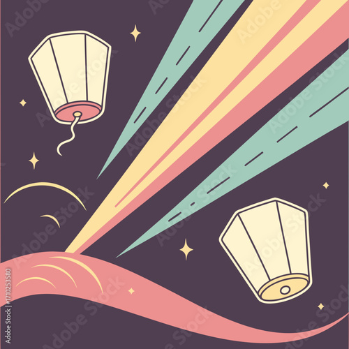 Two illuminated sky lanterns float upwards into a dark night sky with colorful light streaks and twinkling stars