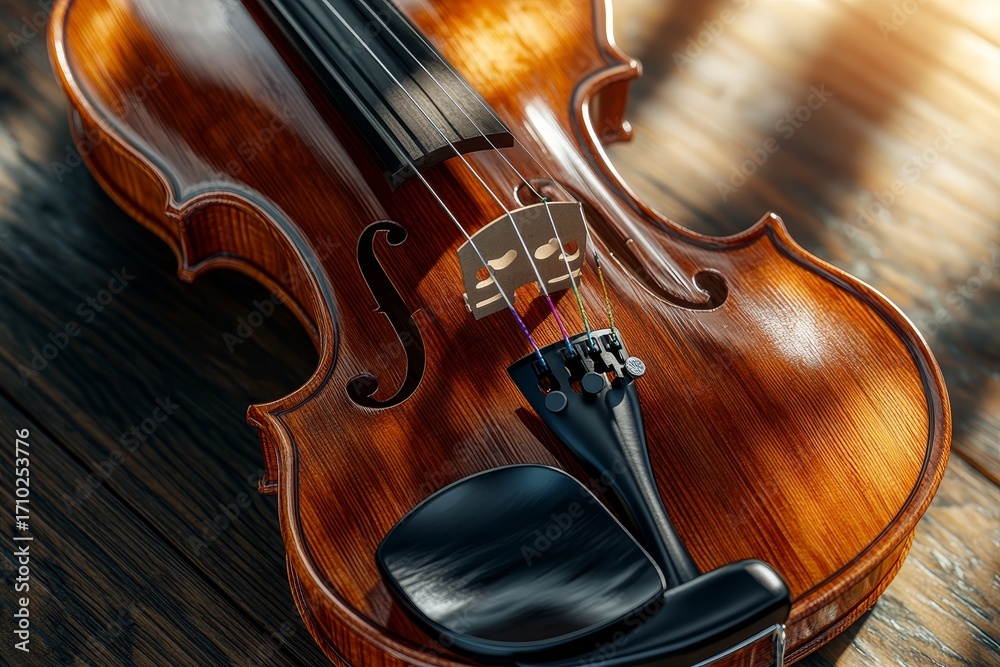 Fototapeta premium Elegant Acoustic Classical Violin in Warm Light, Showcasing Texture and Musical Inspiration.