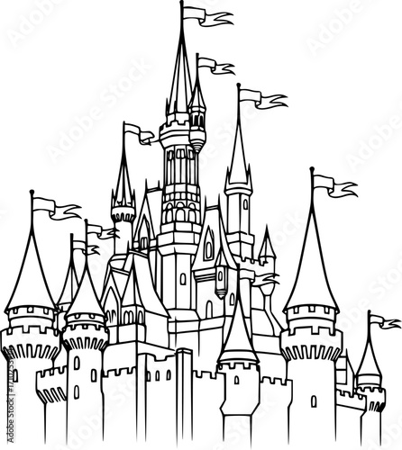 castle with tower and flags line art silhouette vector illustration
