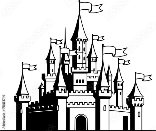 castle with tower and flags line art silhouette vector illustration
