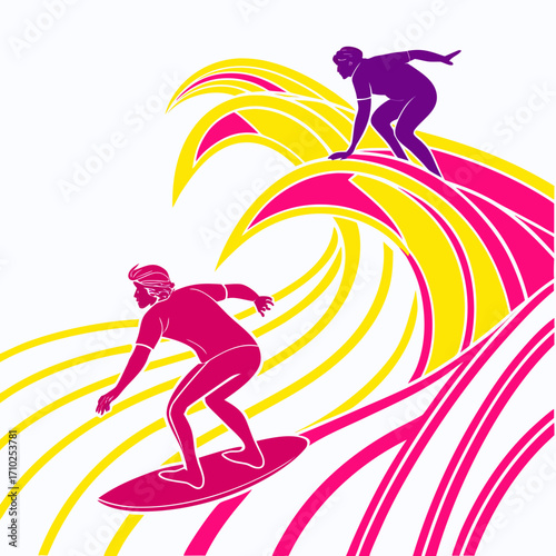 Two surfers riding colorful stylized waves with a vibrant pink and yellow abstract design on a white background