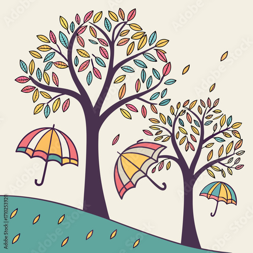 Whimsical autumn scene with colorful falling leaves and umbrellas under stylized trees on a gentle hill