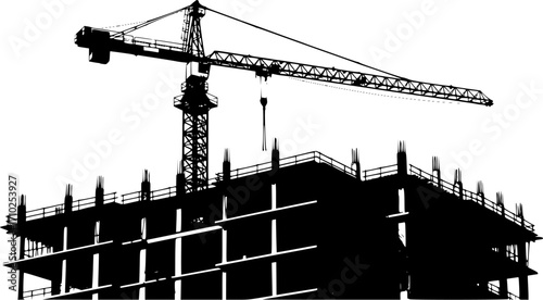 Silhouette of a construction crane on a building under construction against white