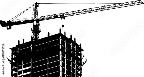 Silhouette of a construction crane on a building under construction against white