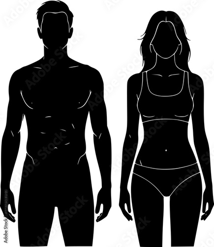 
Man and woman human body silhouette, outline figure, patient front view contour. Isolated vector monochrome male and female person shapes, standing full height. Bare and naked slim healthy people