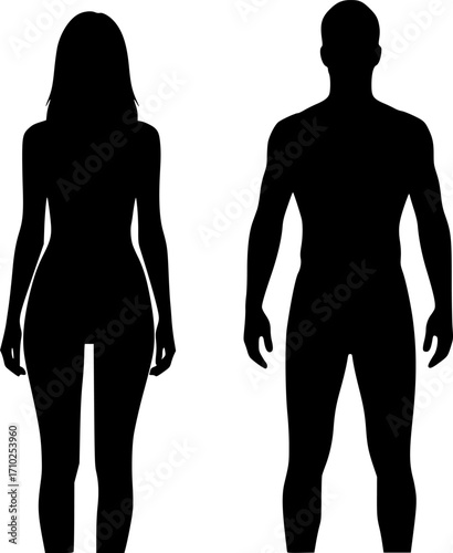 
Man and woman human body silhouette, outline figure, patient front view contour. Isolated vector monochrome male and female person shapes, standing full height. Bare and naked slim healthy people