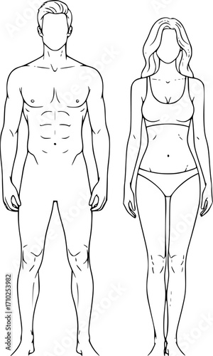 
Man and woman human body silhouette, outline figure, patient front view contour. Isolated vector monochrome male and female person shapes, standing full height. Bare and naked slim healthy people