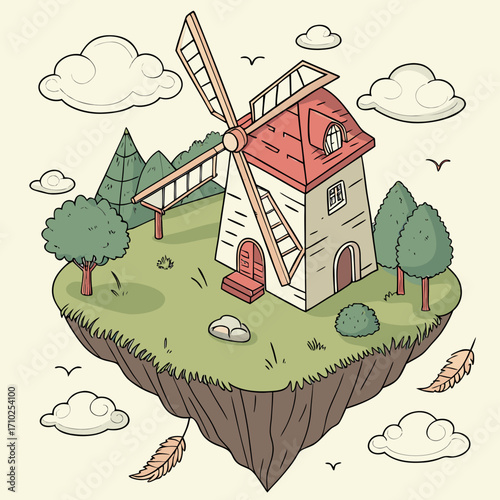 Whimsical cartoon windmill perched on a floating island with trees clouds and birds in a surreal landscape