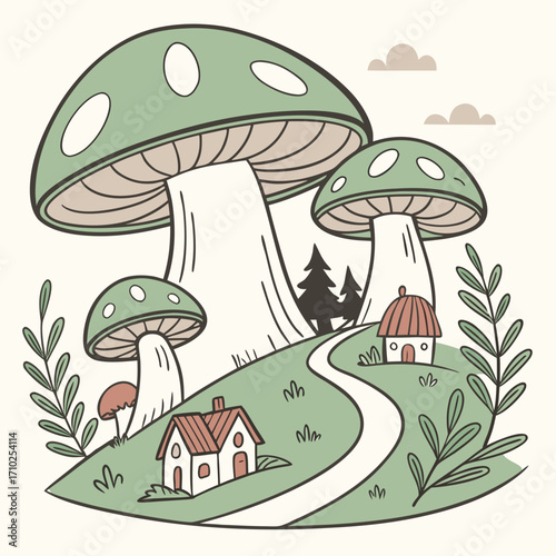 Whimsical fantasy landscape with oversized green mushrooms and charming tiny houses nestled on rolling hills