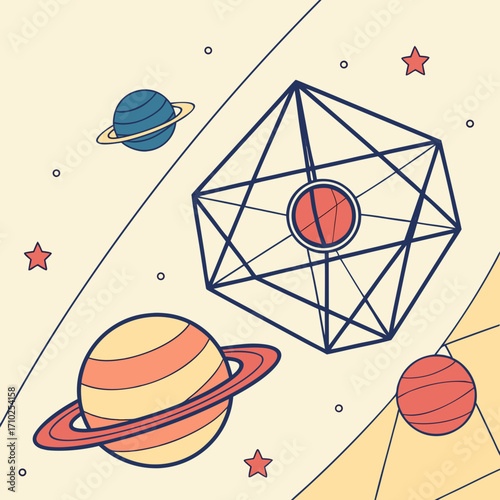 Whimsical geometric space scene with planets stars and abstract shapes in a flat design style