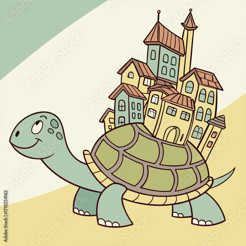 Whimsical cartoon turtle carrying a charming village on its shell walking across a pastel landscape