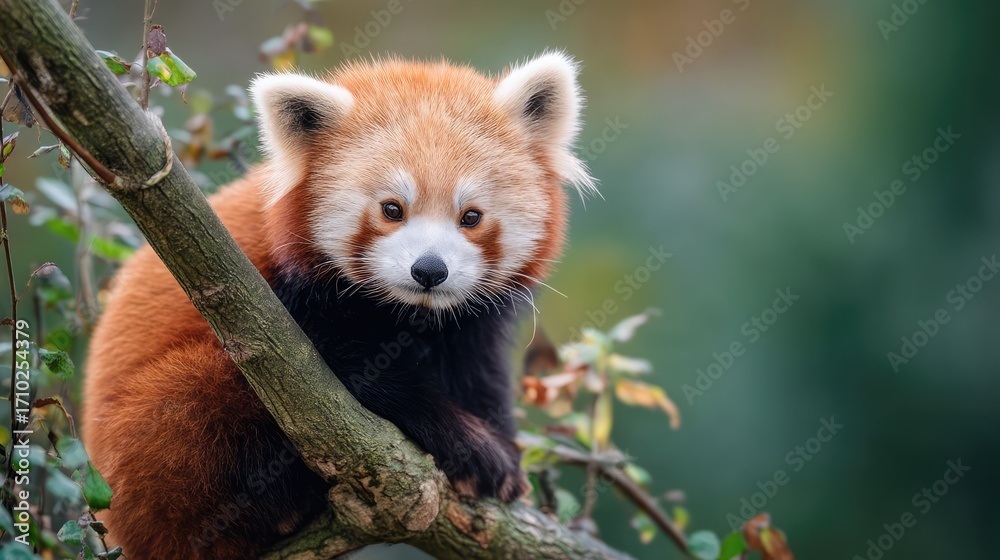 Naklejka premium A red panda perched on a tree branch, surrounded by lush green forest, looking curious and alert.