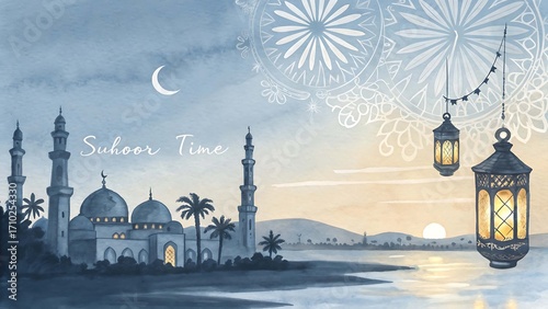 Suhoor Time Mosque Illustration with Lanterns
