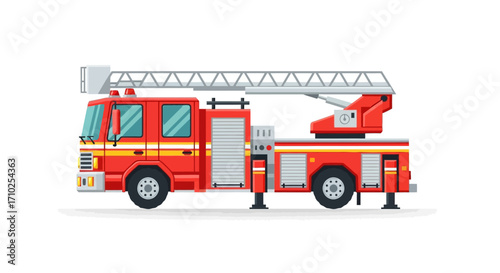 Cartoon Red Firetruck with Ladder Isolated on White Background