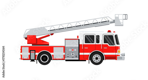 Red and White Fire Truck Ladder Vector Illustration on White Background