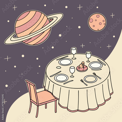 Whimsical illustration of a romantic dinner table set for two under a starry night sky with planets