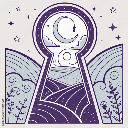 Whimsical keyhole view of a dreamy night landscape with crescent moon and stars