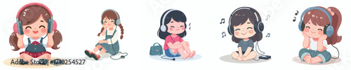 vector of a little girl sitting on the floor listening to music on headphones