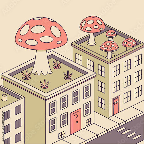 Whimsical isometric illustration of buildings with giant mushrooms growing on their rooftops in a surreal urban landscape