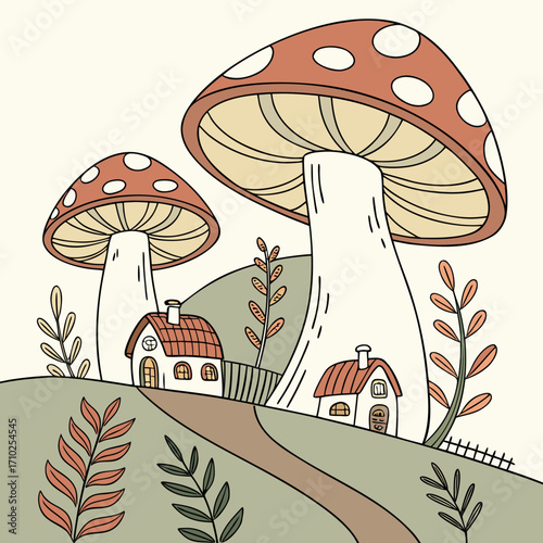 Whimsical mushroom houses nestled in a rolling landscape with autumn foliage and a winding path