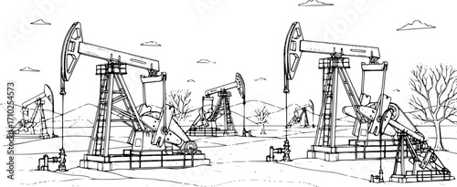 Hand drawn vector illustrations of oil pumps operating at different angles in a barren landscape during the day
