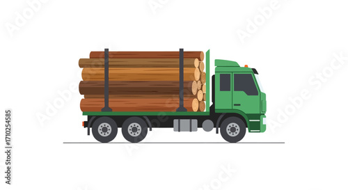 Green Logging Truck with Timber Load - Flat Vector Illustration