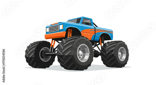 Cartoon Vector Illustration of a Blue and Orange Monster Truck with Oversized Tires on White Background