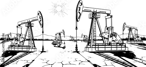Hand drawn vector illustrations of oil pumps operating at different angles in a barren landscape during the day
