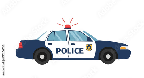 Cartoon Police Car Illustration with Siren on White Background