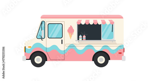 Cute Pink and White Ice Cream Truck Vector Illustration on White Background