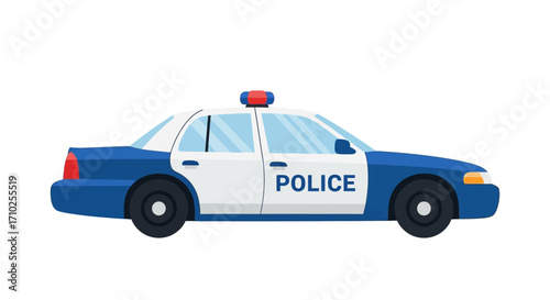 Illustration of a Blue and White Police Car on a White Background