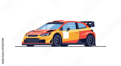 Illustrated Yellow and Red Rally Car on White Background