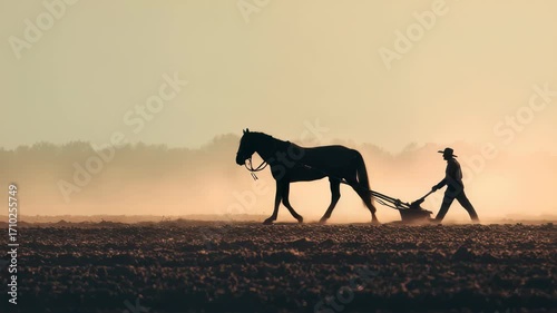 Horse pulls plow across serene countryside field at dawn with farmer guiding the animal